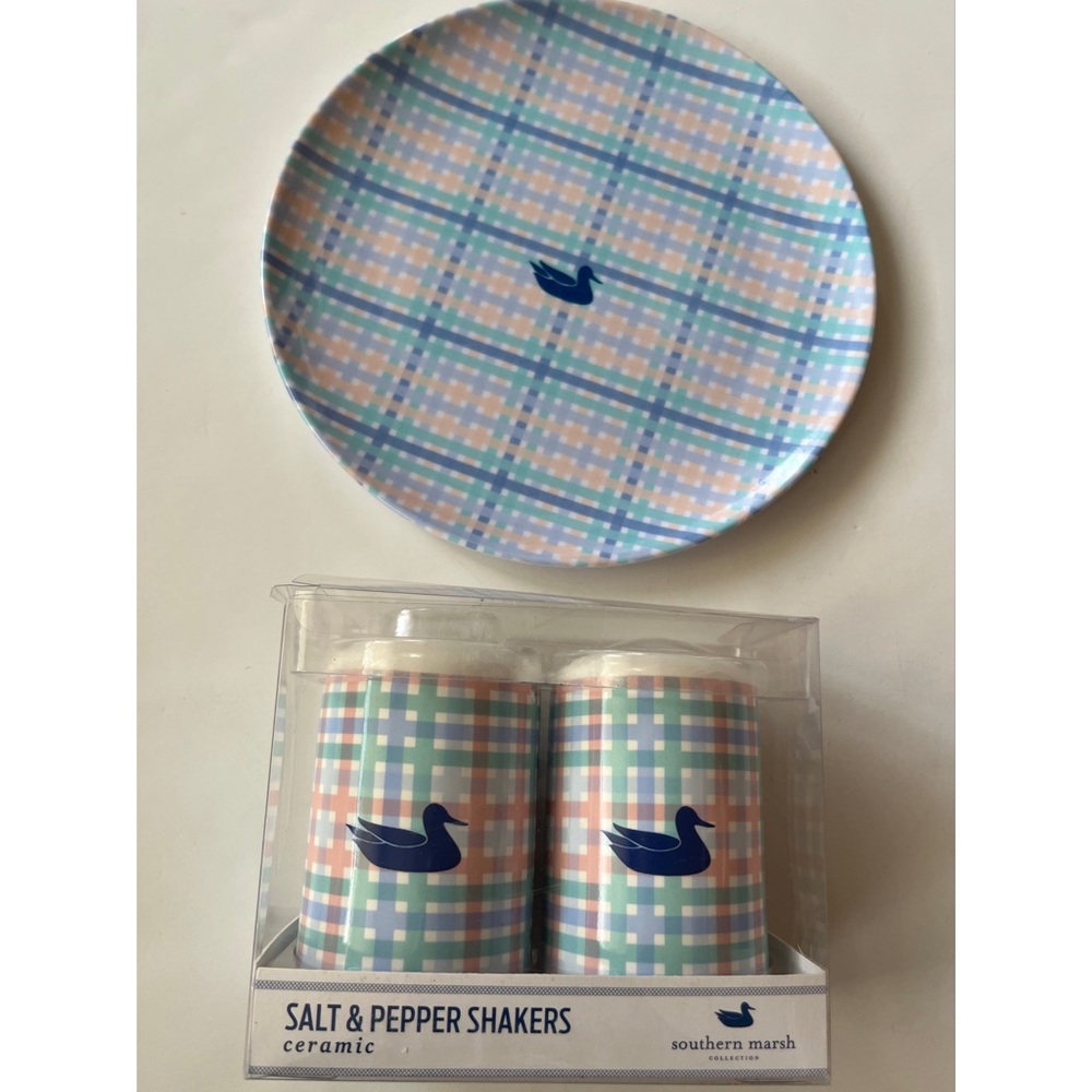 Southern Marsh Plaid Salt & Pepper Shakers and Plate